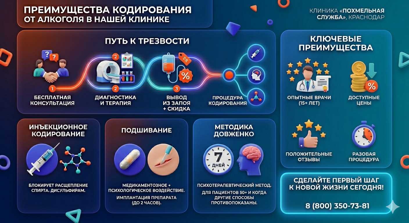 Инфографика о методах кодирования от алкоголя в Малой Вишере: инъекции, подшивание, метод Довженко. Преимущества клиники и этапы лечения.